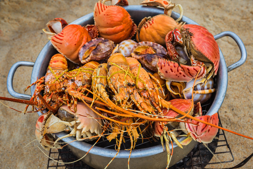 cooked seafood on the beach in Nha Trang